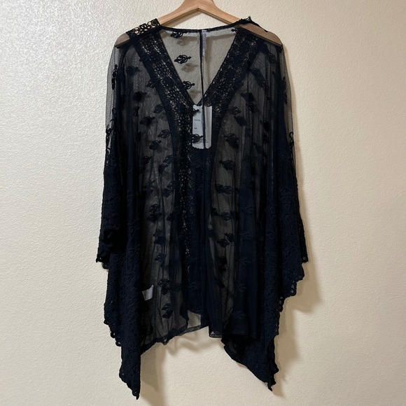 Monoreno Size M Shirt Kimono Black Sheer Embroidered Mesh Lace Boho Oversized - Picture 2 of 8